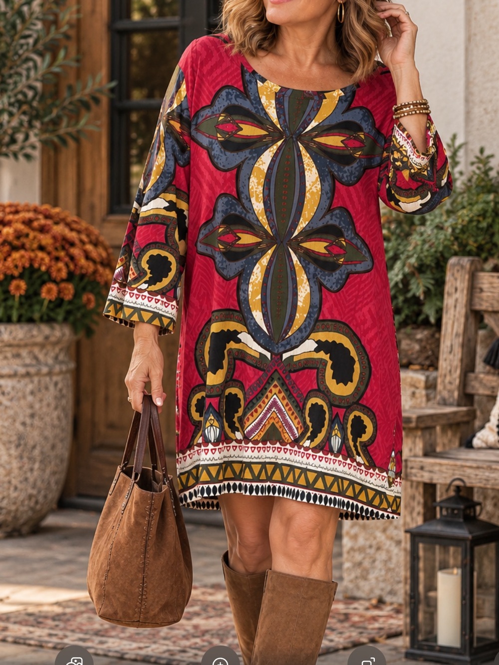 Multiples Red Patterned Long Sleeve Shift Boho Artsy Dress xlg